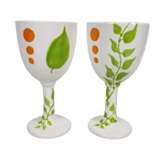 Hand Painted Ceramic Wine Glasses Goblets 12 oz White Glazed Botanical S… - Picture 1 of 13